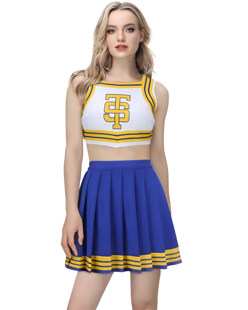 Model posing in a cheerleader costume