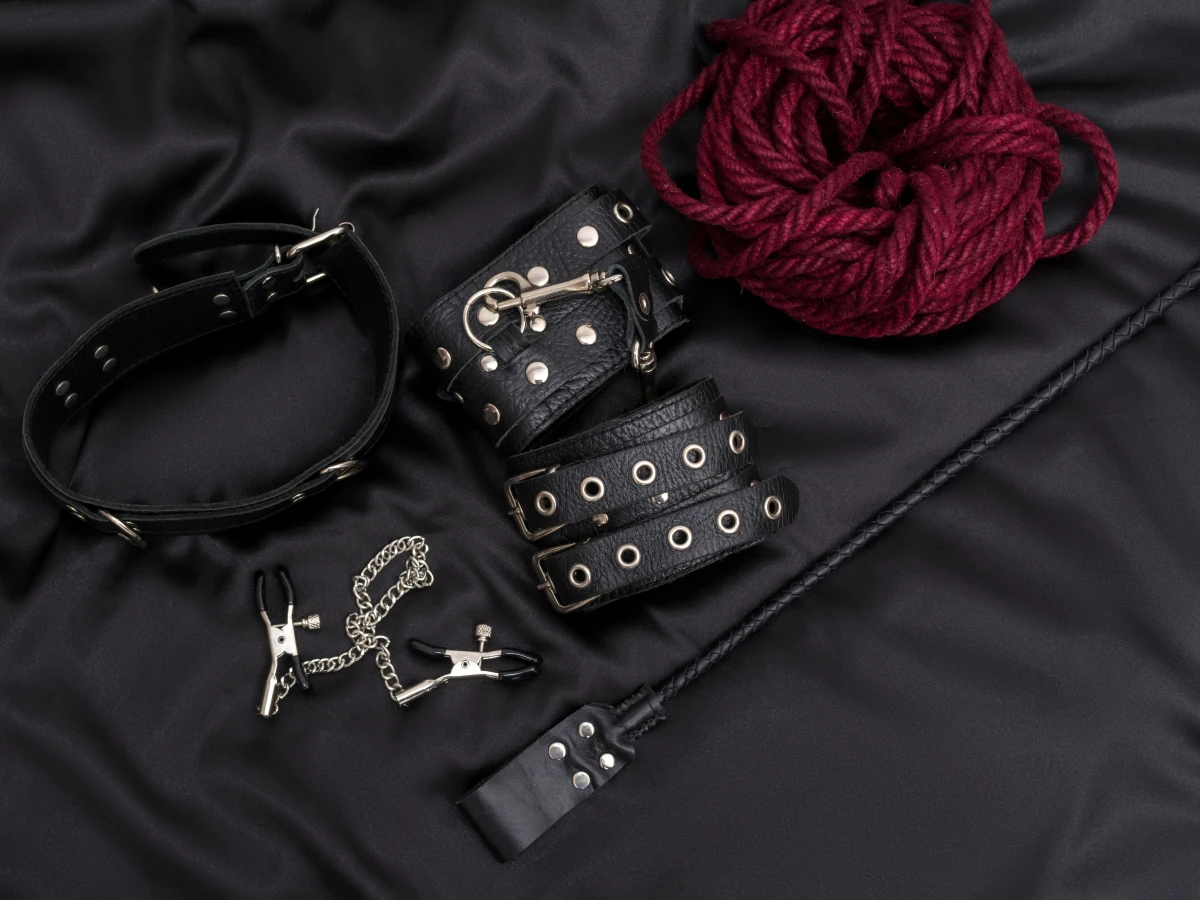 Bondage toys such as shibari rope and leather handcuffs