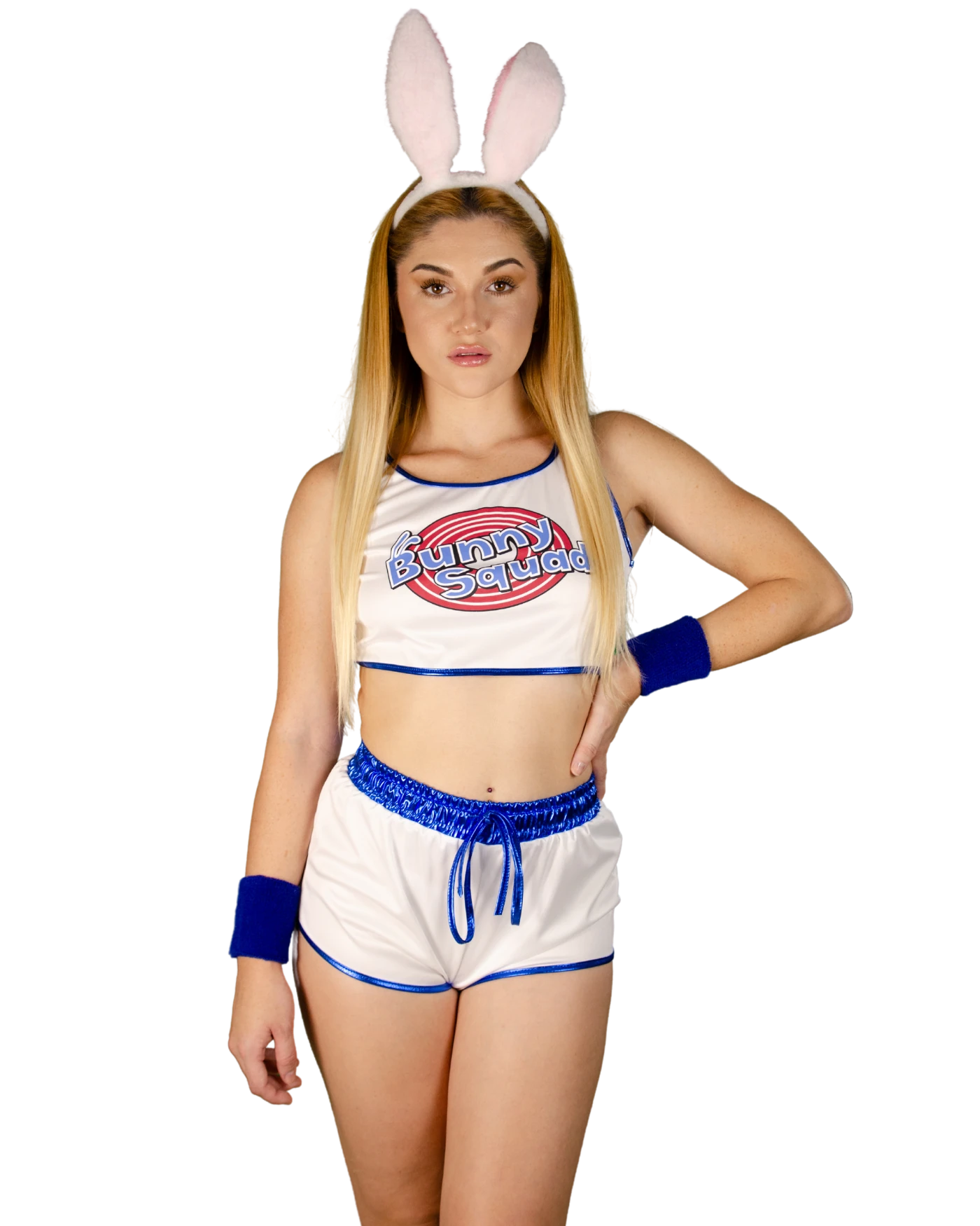 Model posing in a white costume with bunny ears and shorts