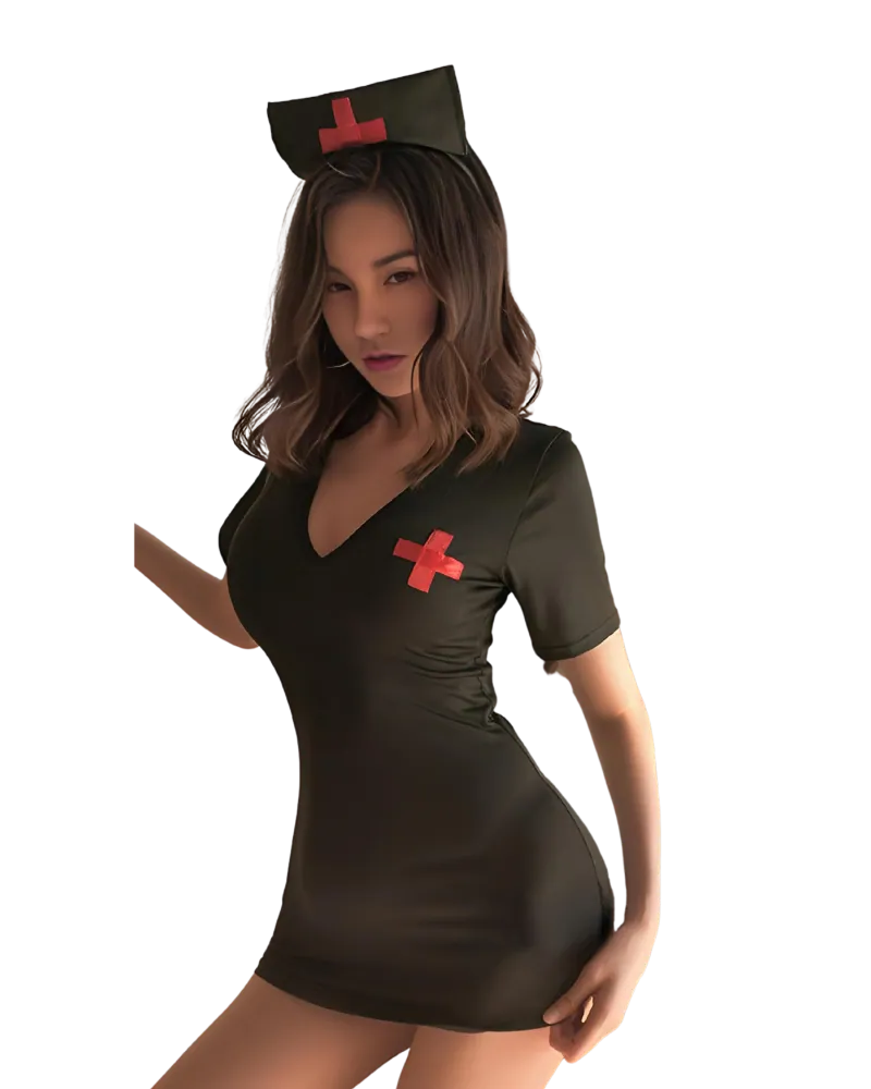 Model posing in a black nurse dress with a red cross