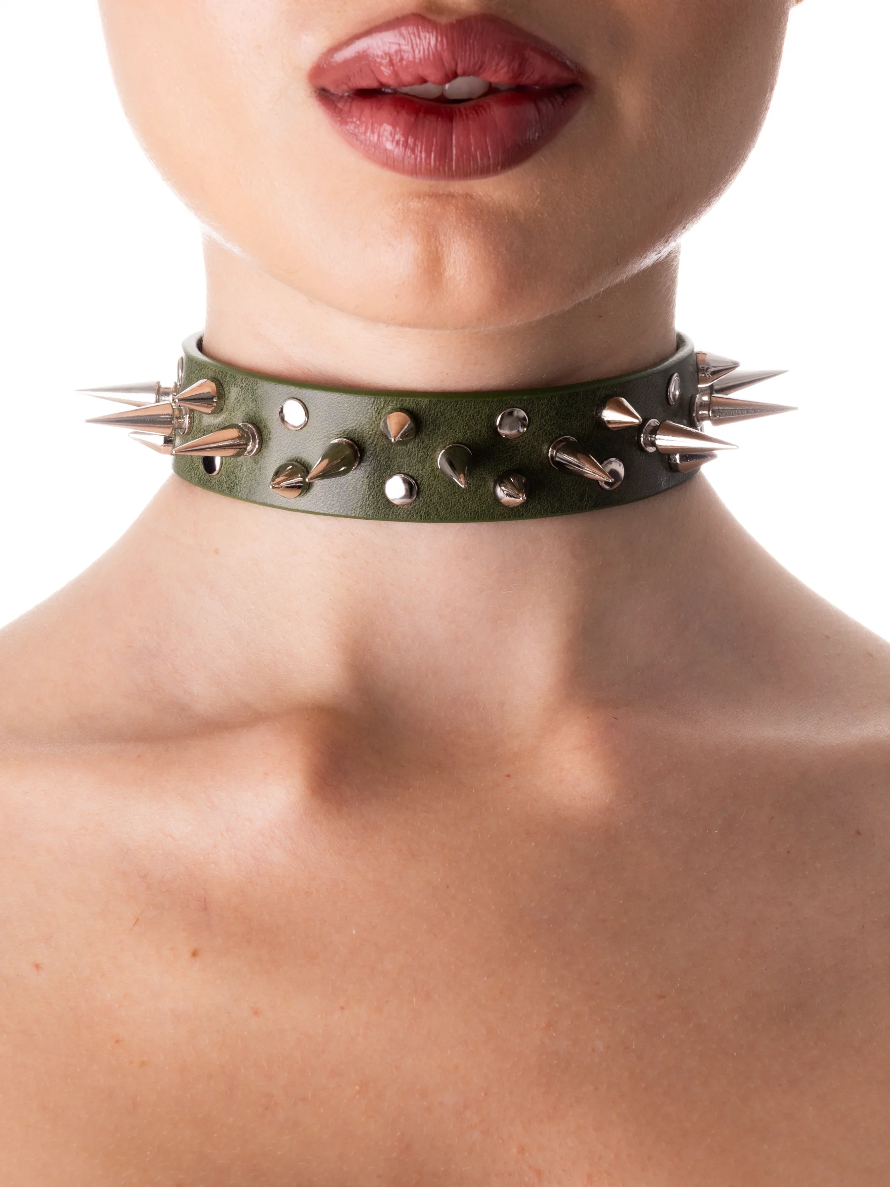Model wearing a green gothic choker with spikes on both sides