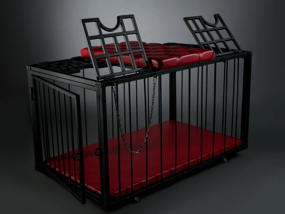 Black cage for the pet to sleep in when engaging in pet play BDSM